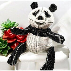 Beadworx Panda Figure Black White Beads Silver Tone Wired Handcrafted by Grass R